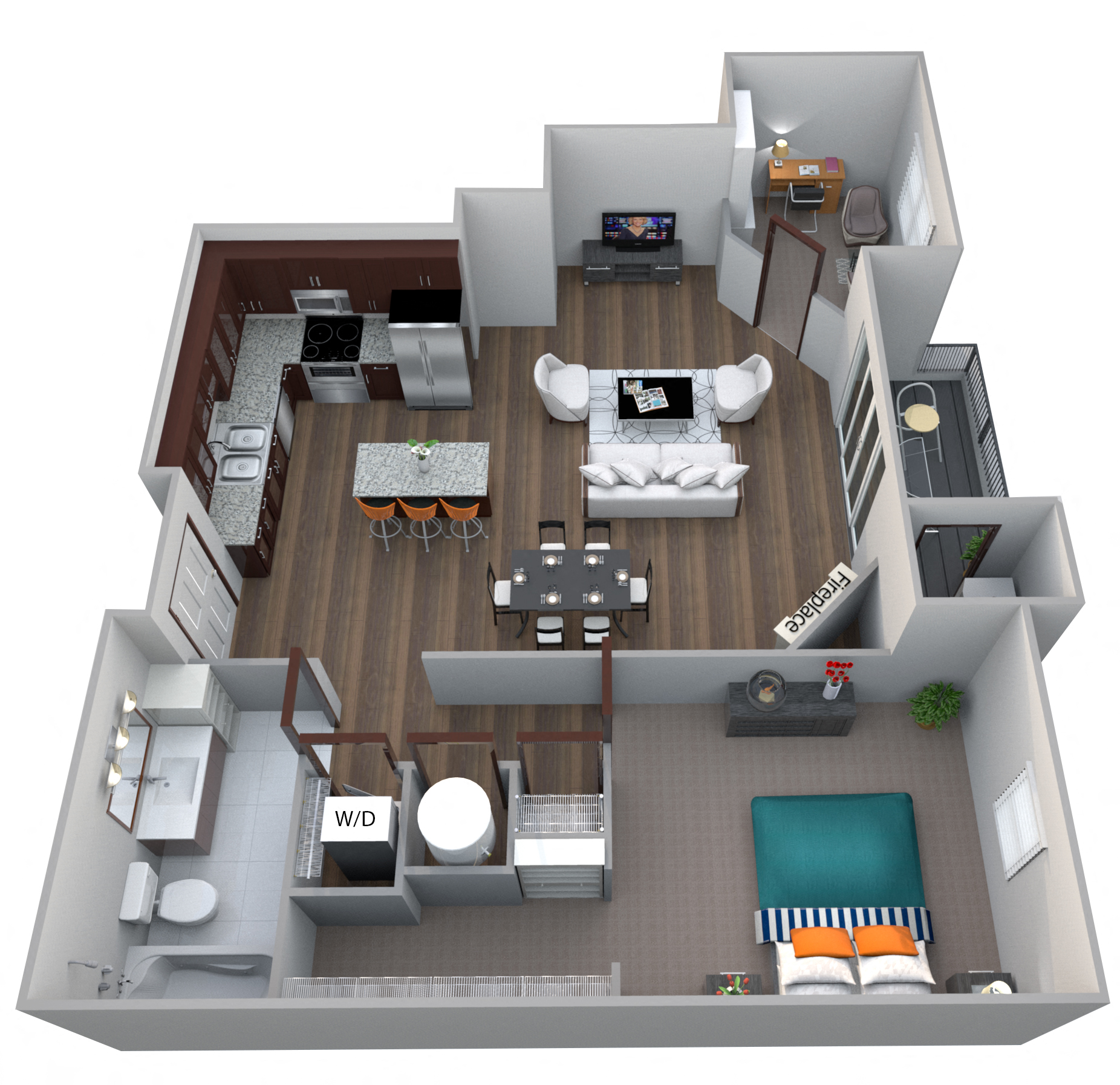 Floor plan for 1 bed, 1 bath, 902 sqft